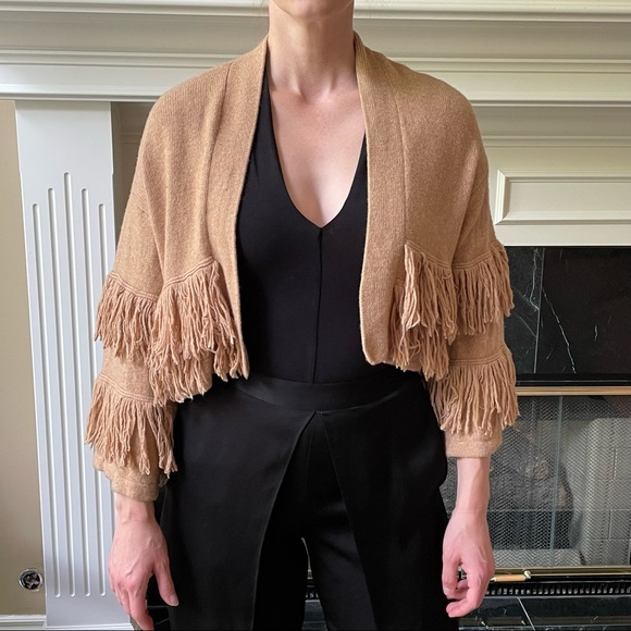 BCBG CAMEL FRINGED SHRUG SWEATER - Picture 9 of 13
